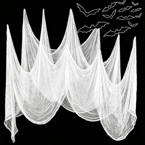 VOPIWOZ 500 x 215CM Halloween Weißes Tuch Set, Halloween Netz mit 12 3D Fledermaus Deko, Horror Party Deko, Spinnennetz deko für Outdoor Innen, Tischdeko