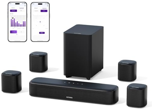 ULTIMEA 7.1ch Virtual Surround Sound Bar, Sound Bar for Smart TV with 4 Surround Speakers, Peak Power 330W, Surround Sound System for TV, App Control, TV Soundbar with Subwoofer, Opt/AUX/BT, Aura A40