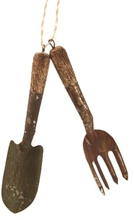The Bridge Collection 3.5 Vintage-Style Garden Tool Ornament - Metal and Wood Hand Rake and Shovel Decoration for Christmas Tree or Gift for Gardener