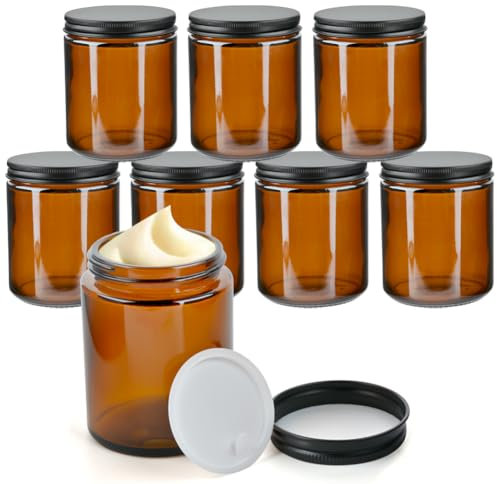 MAOOY Lot de 8 boîtes à crème à remplir - 150 ml - En verre marron - Avec couvercle en métal et doublure - Grand récipient à crème pour cosmétiques DIY - Pot à pommade - 6 x 8 cm