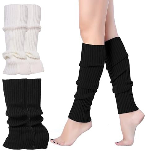 AJUNLKVDR 2 Paar Stulpen Damen,Leg Warmers,Beinwärmer Für Leg,Y2k Beinstulpen Mädchen,Warme Weiß Arm,Ballett Baumwolle Bein,Beine Beinlinge Frauen,Gestrickte Kinder Legwarmers,Schwarz White Women