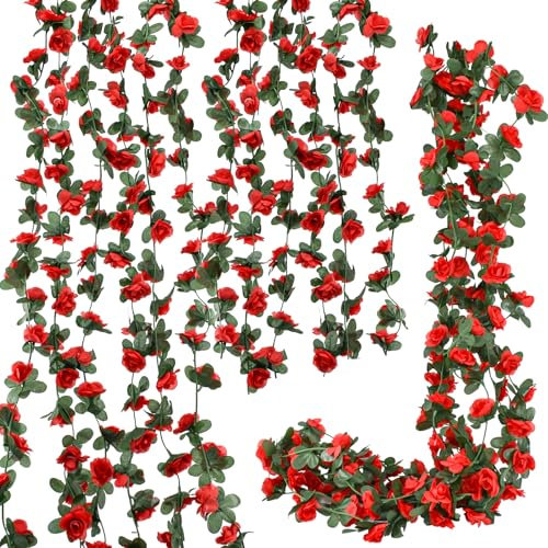 Bacucine Blumengirlande, künstliche Rosenranken, hängende Blumenranken mit grünen Blättern, Blumengirlande für Hochzeit, Wandbogen, Party-Dekoration, Rot, 8 Stück
