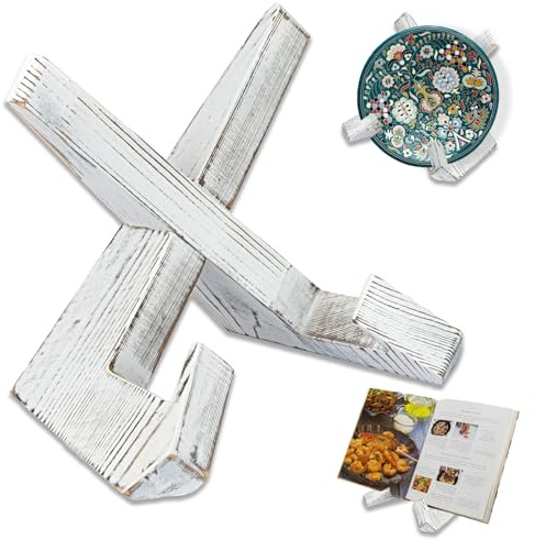 Kochbuchhalter, Weiß Buchständer Holz, Rezepthalter für Küche, Buch Halterung, Rezept Display Rack, iPad Tablet Ständer, Zum Ausstellen von Büchern, Tellern, Bilderrahmen, Rustikal