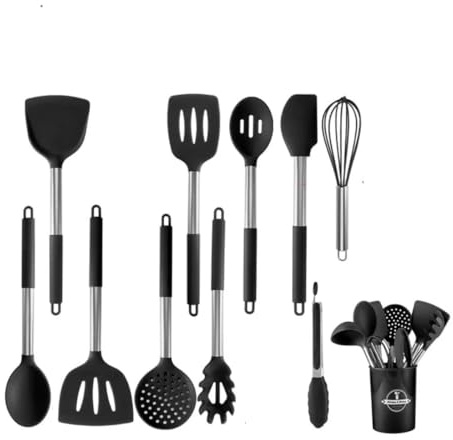 Kitchen Utensils Set with Holder – Includes Cooking Spoons Tongs & More – Heat Resistant, BPA-Free, Dishwasher Safe, Stainless Steel Handles – Kitchen Tools for Non-Stick Cookware 10 Piece and Holder