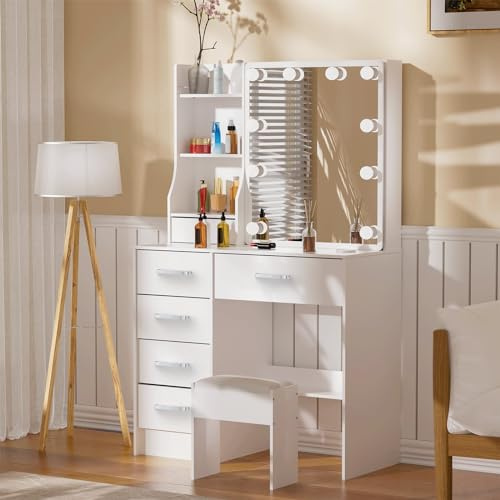 Teousev Schminktisch mit dimmbarer Beleuchtung & Schiebespiegel – Frisiertisch mit Hocker, 6 Schubladen & 6 Regalen für extra viel Stauraum, Weiß, 80x36x131 cm J122007