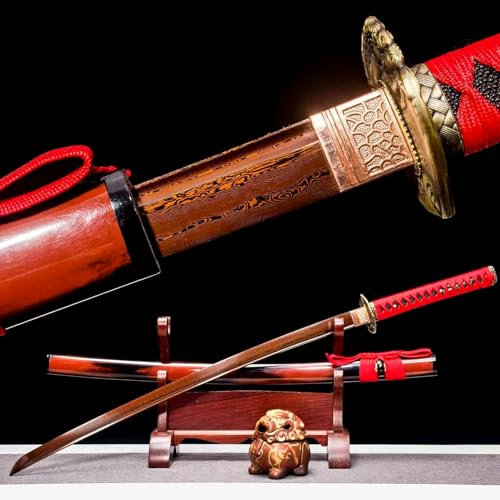 KWXPW 103cm handgefertigt Samurai-Schwert,Musterstahl Klinge mit Rötungsprozess,Holzscheide,Japanisches Katana-Schwert für Geschenke,Dekoration,Cosplay,Requisiten,Kendo-Training