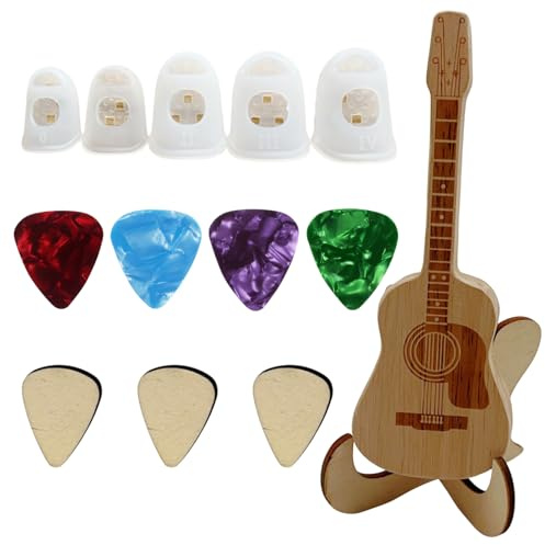 Guitar Pick Holder, Guitar Pick Case with 3Pcs Wooden Guitar Picks, 4Pcs Colorful GuitarPicks and a Set of Silicone Finger Sleeves, Music Art Gift for Ukulele Lover for Anniversary Birthday