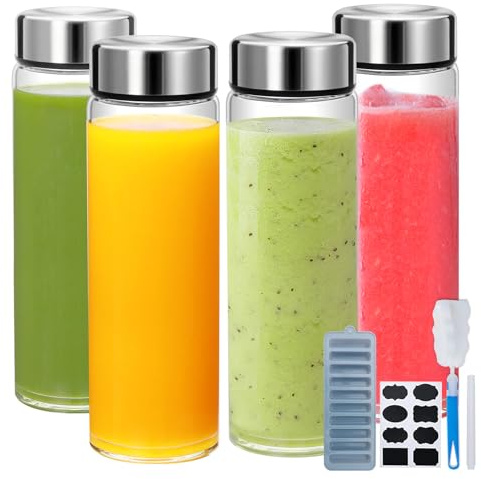 16oz Juice Bottles with Lids,4 Pack Wide Mouth Glass Bottles with Stainless Steel Cap,Reusable Glass Water Bottles for Juicing, Smoothies, Infused Water,Beverage Storage,BPA Free,Leakproof