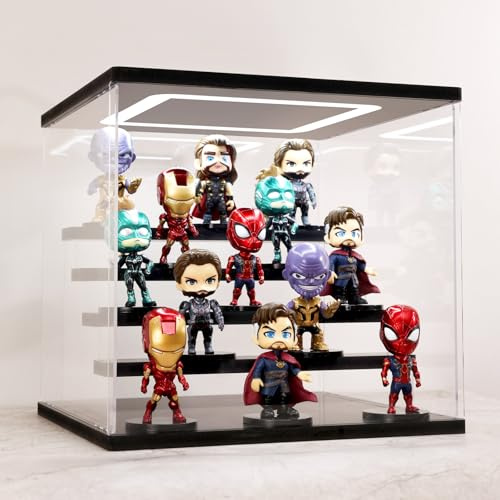 AZEYN Vitrine Acrylique Transparente avec Éclairage LED, Boîte d'Exposition 3/4/5/6 Niveaux Anti-Poussière Vitrine Présentoir pour Figurines, Collections, Modèles (Noir, 5 Étagère 32 x 31 x 30cm)
