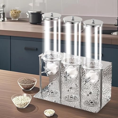 NLLATEI Müslispender Für Die Arbeitsplatte, Reiskornspender Für Küche Und Speisekammer, 10,5 L Cereal Container Mit DREI Köpfen Lebensmittelbehälter, Edelstahlsockel(Silver)
