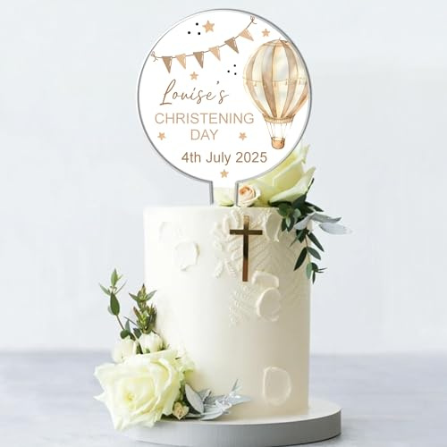 Personalised Acrylic Cake Topper for Religious Celebrations – Communion, Confirmation, Christening - Custom Child’s Name & Date with Hot Air Balloon Design (Christening, Brown)