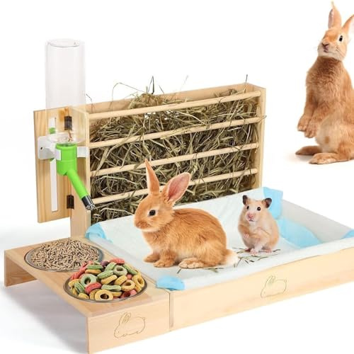 GHRERTX 4 in 1 Bunny Feeder Manger,Rabbit Hay Feeder with Litter Box and Bowls, Hay Holder, Toilet, Water Bottle Stand, Wooden Food Feeding Rack Suitable for Rabbit Guinea Pig Hamster