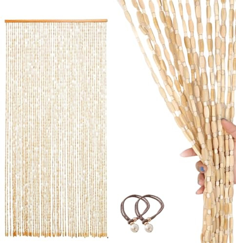Cortina De Perlas De Madera, Cortinas Puerta Bambú Colgante, Cortina Mosquitera con Cuentas Colgantes 40-80 Tiras for Puerta Ventana Dormitorio Salón Pasillos(Natural,W:100 x H:210cm)