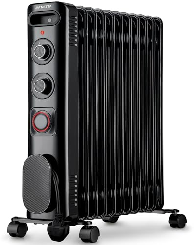 NETTA Elektrischer ölgefüllter Heizkörper, 2500 W, tragbarer Heizkörper mit Thermostat & 24-Stunden-Timer, 3 Leistungsstufen, 11 Flossen, Schwarz