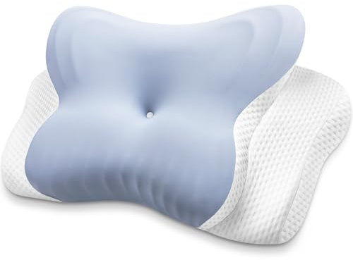 MISSCOZY Ergonomic Pillow for Side Sleeper-Orthopedic Cervical Pillow for Neck Pain, Anti Snore Sleep Apnea, Butterfly Memory Foam Neck Support Side/Back/Stomach Sleepers with Washable Cover (Blue)
