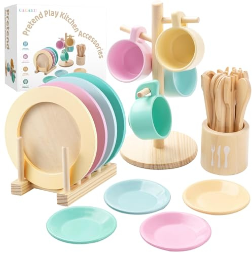 GAGAKU Ensemble de vaisselle de cuisine en bois pour enfants - 27 pièces - Avec support de rangement - Jouet Montessori pour enfants de 3 à 5 ans