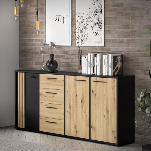 Forte Cardigan Kommode 180, Moderne Kommode, 3-türig mit Lamellendesign, 4 Schubladen, Wohn-/Schlafzimmer, Artisan Eiche Holzdekor|Schwarz, 179,4 cm breit x 82,3 cm hoch x 34,3 cm tief