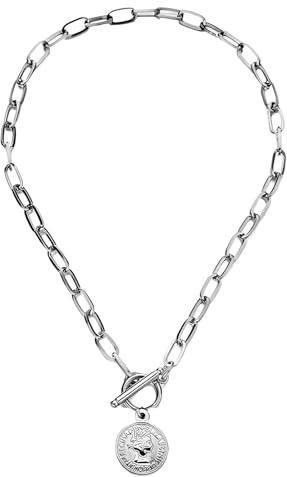 925 Sterling Silver Coin Toggle Necklace For Women, Paperclip Chain Padlock Pendant - Lock And Key, Heart,