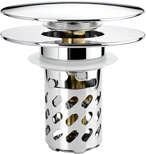 REZZI Waschbeckenstöpsel Universal Pop Up Abflusssieb Ablaufgarnitur Stöpsel Waschbecken Ablaufventil aus Messing Chrom 304 Edelstahl für 26-46mm (großer Deckel)