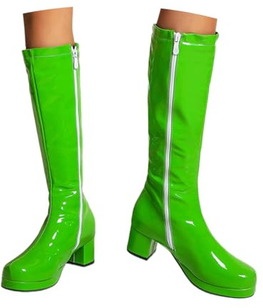 Stivali da donna con punta quadrata, chiusura lampo laterale, tacco a blocco, gambale alto al ginocchio da donna, verde, 35 EU