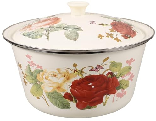Beavorty Bacinella Smaltata Ispessita con Coperchio 24 Cm, Zuppiera Multifunzione Vintage per Cucina Domestica, Lavandino Smaltato Retrò per Conservazione Alimenti e Servizio Tavola