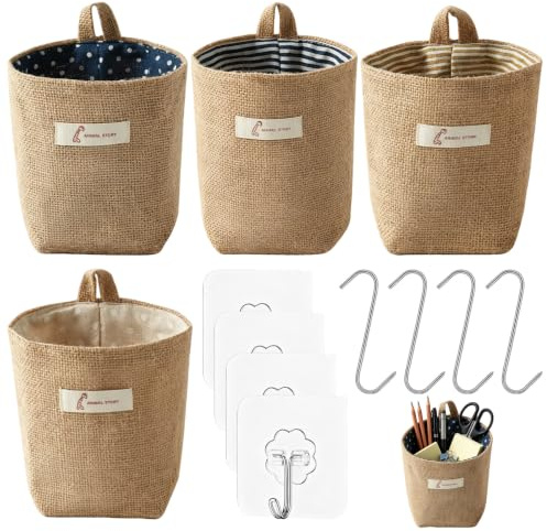 FEITONGFX 4 Stück Baumwolle Leinen Hängende Aufbewahrungstasch 12x10x13.5cm | Hängeorganizer Hängekörbchen mit 4 Haken und 4 Klebehaken, Wandaufbewahrung für Bad Küche Schlafzimmer