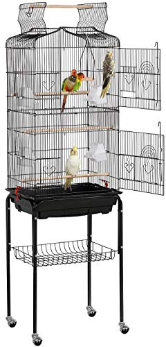 Yaheetech Gabbia Voliera per Uccelli Pappagalli Inseparabili Calopsite Parrochetti in Metallo con Piedistallo Ruote e Tetto Apribile 46 x 35 x 150,5 cm Nera