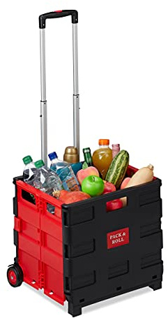 Relaxdays 4 x Einkaufstrolley klappbar im Set, Teleskop-Griff, 2 Gummi Rollen, bis 35 kg, Shopping Trolley, Aluminium, ABS, rot