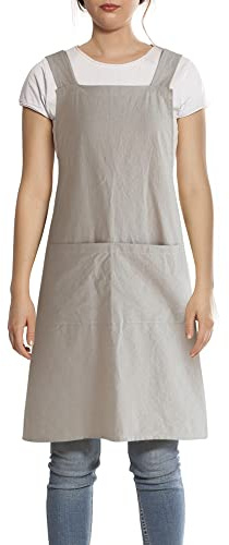 FBBULES Küchenschürze mit Tasche Baumwolle und Leinen Schürze Japanischer Stil Kreuz Bandage Einfarbige Kochen Backen Schürze Gärtnern für Damen Männer