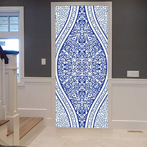 A.Monamour Türtapete Selbstklebend Türfolie Türposter 3D Majolika Keramikfliesen Blau Und Weiß Azulejo Portugiesisch Und Spanien Vinyl Folie Türdeko Tapete Wandbild Türaufkleber Türtattoo 83 x 204 cm
