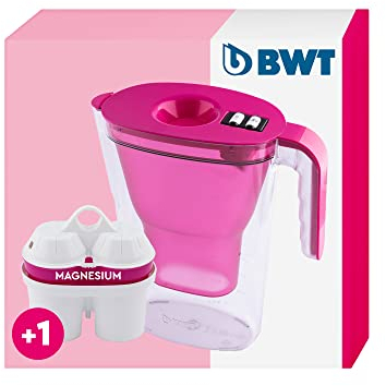 BWT VIDA Pink filtre eau | carafe filtrante avec 1 cartouche au magnésium | fontaine a eau | potable, pour aliments et boissons | Réduction du calcaire, chlore, plomb et cuivre | pratique et compacte