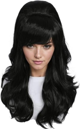 Linfairy, Lång vågig svart peruk med fluffig frisyr, för kvinnor, lämplig för 50-tals 80-tals kostymer