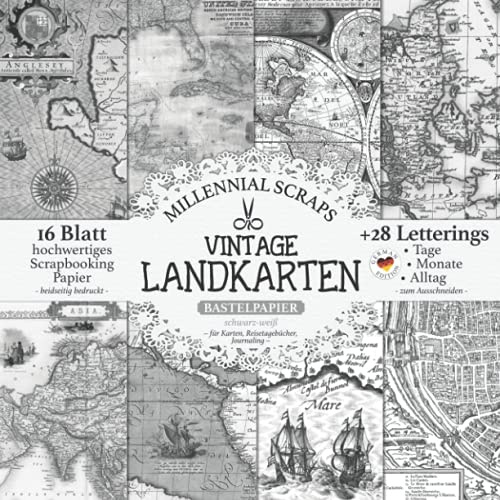 Vintage Landkarten Bastelpapier schwarz-weiß – Für Karten, Reisetagebücher, Journaling –: Scrapbooking Papier & Junk Journal Zubehör I Zum ... Letterings I Basteln DIY Geschenk I Tagebuch