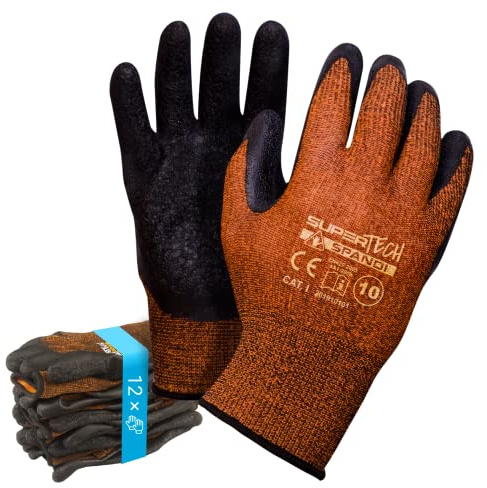 Trevendo 12 Paar Arbeitshandschuhe - Super Tech Spandi - Schwarze Latex-Beschichtung auf Polyester, Größe 11