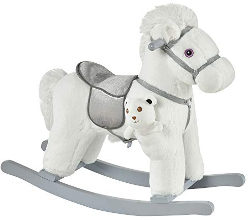 HOMCOM Caballito Balancín con Felpa con Osito de Peluche para Niños 18-36 Meses Caballo Mecedora Sonidos de Relincho y Galope Base de Madera Asiento 35 cm Carga 30 kg 65x26x55 cm Blanco