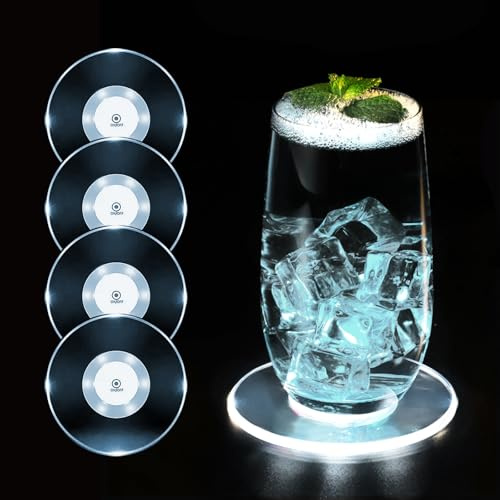 MEDOYOH 4er-Set Kühle Weiß LED Untersetzer für Getränke, ON/Off Wasserdicht Rund Untersetzer Acryl für Gläser Flaschen Partys Hochzeiten Bar Weihnachten Pub