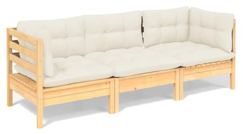 vidaXL Gartensofa 3-Sitzer, Gartenmöbel 2 Ecksofa 1 Mittelsofa mit Creme Kissen, Modular Sofa Lounge Sitzgruppe für Garten Terrasse Balkon, Loungemöbel, Massivholz Kiefer
