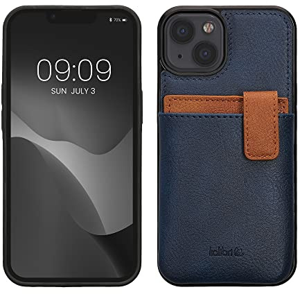 kalibri Hülle kompatibel mit Apple iPhone 13 / iPhone 14 - Handyhülle Handy Cover - Kunstleder Case mit Kartenfach abnehmbar - Dunkelblau Braun