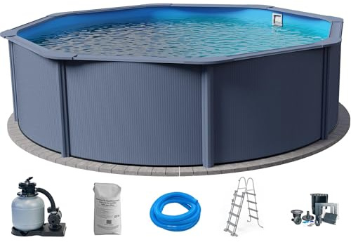 Planet Pool Stahlwandpool Set (5-teilig) hoch rund Classic 360 x 120 cm, Stahl 0,45mm anthrazit Folie 0,3mm blau