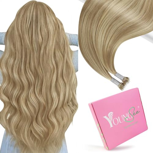 YoungSee Nano Link Hair Extensions Human Hair Blonde Nano Bead Hair Extensions Warm Ash Blonde Highlights Bleach Blond Nano-Ring Human Hair Extension 18 Inch 50 Strands 50g for Wedding