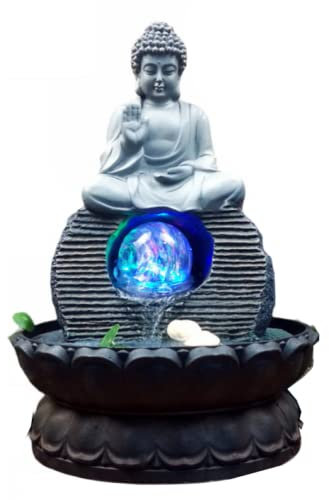 Fontaine Cascade Cadeaux artisanaux en résine Faits à la Main Moine Zen Porte-Bonheur Feng Shui LED Boule Bouddhiste Fontaine de Lotus Jardin Micro Paysage Méditation