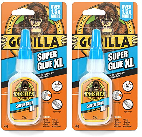 Gorilla Super Glue XL 25g (2 Pack)– All Purpose Adhesive, Fast Setting & Impact Tough with Anti-Clog Cap