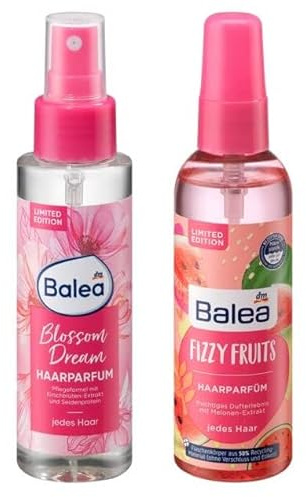 Balea Haarparfüm Blossom Dream, 100 ml + Haarparfüm Fizzy Fruits, 100 ml | Pflegeformel mit Kirschblüten-Extrakt & Seidenprotein, blumiges Dufterlebnis & fruchtiger Melonen-Duft, natürlicher Glanz