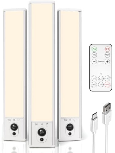 EZVALO Lot de 3 Spots LED Cuisine 23 cm, Lampe Détecteur de Mouvement Sans Fil avec Télécommande, Rechargeable USB 1600 mAh, Lumière Chaude, Éclairage pour Placard/Étagère/Escalier