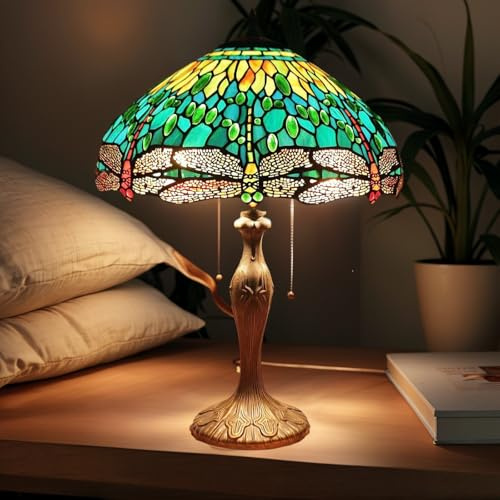 Bidesen Tiffany Tischlampe 16/40 cm - Grüner Glasschirm mit Kristallperlen, Echtglas Leselampe für Wohnzimmer - Nachtlicht Schlafzimmer Dekor (Handarbeit Vintage Stil)
