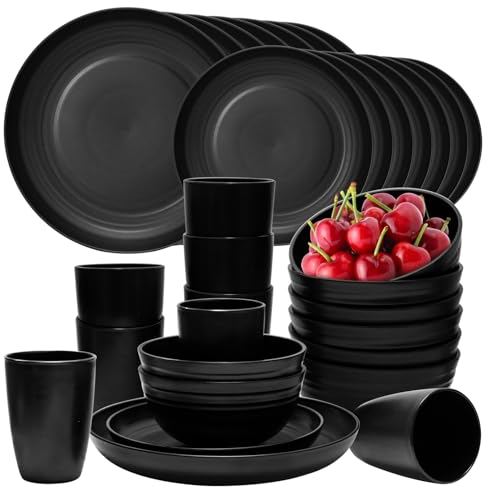 Set di 32 piatti e ciotole neri, in plastica leggera, set di stoviglie infrangibili, riutilizzabili, lavabili in lavastoviglie e adatti al microonde, set di piatti per campeggio all'aperto, camper