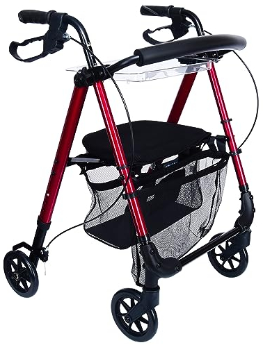 Mobility Plus+ Indoor Rollator IR10+ Rot - Wohnungsrollator Leichtgewicht, schmal & faltbar - Sitz & Griff höhenverstellbar - Gehhilfe für Senioren inkl. Rückengurt, Netztasche & Tablett