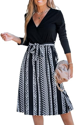 CUPSHE Damen Kleid V Ausschnitt Wickeloptik Langarm Taillenschnürung Geometrische Muster A Linien Freizeitkleider Wrap Midi Dress Weißes Geo-Muster L