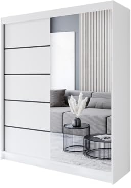 Easy4You P3 180 cm Weiß Schiebetüren Kleiderschrank 180x215x58 cm mit Spiegel - Schlafzimmermöbel, Aufbewahrung - Mehrzweckschrank