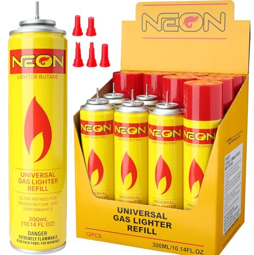 NEON Butane Fuel Refill, 300ml Ultra Refined Lighter Fluid, Premium 99.999% Pure Butane Gas with Metal Nozzle and 5 Butane Adapter Tips for Torch Lighter, Kitchen Torches, Refillable Lighters, 12 Cans